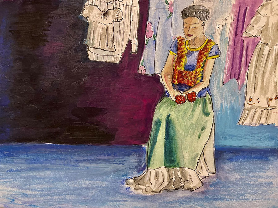 Frida sits beneath clothes hanging from clotheslines, holding flowers in her lap, wearing a blue and yellow top and green skirt.
