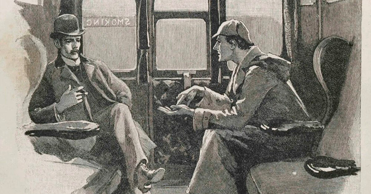 Vintage illustration of two men, dressed in late Victorian style, conversing while riding in a train compartment.