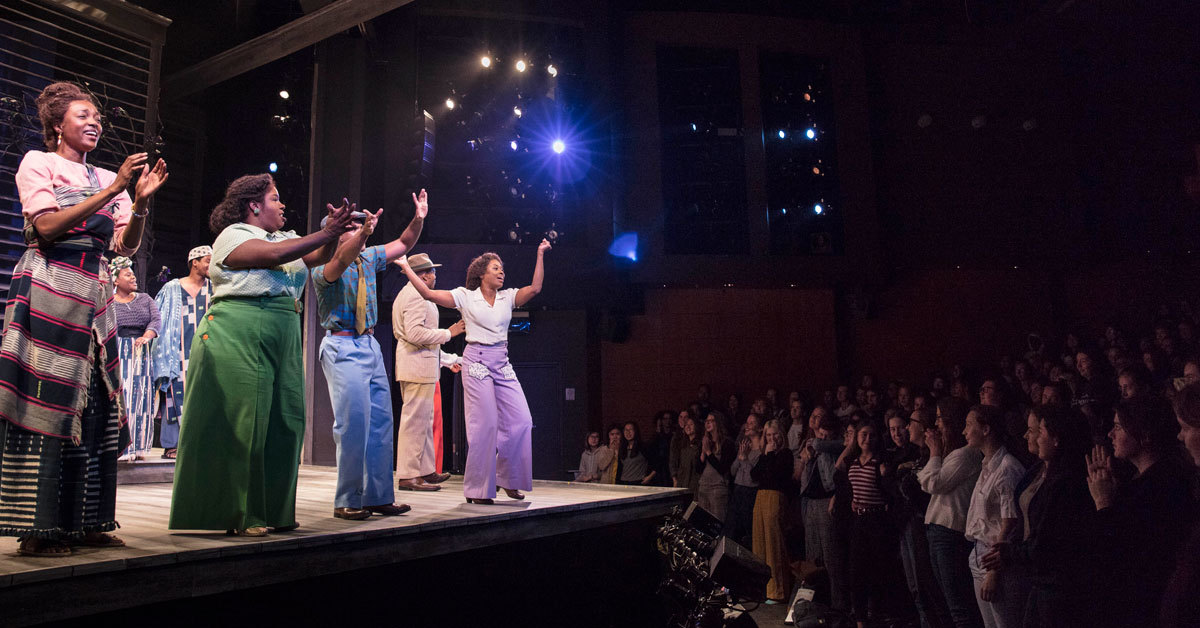 The cast of The Color Purple takes bows during a standing ovation.&nbsp;Photo By Kate Szrom