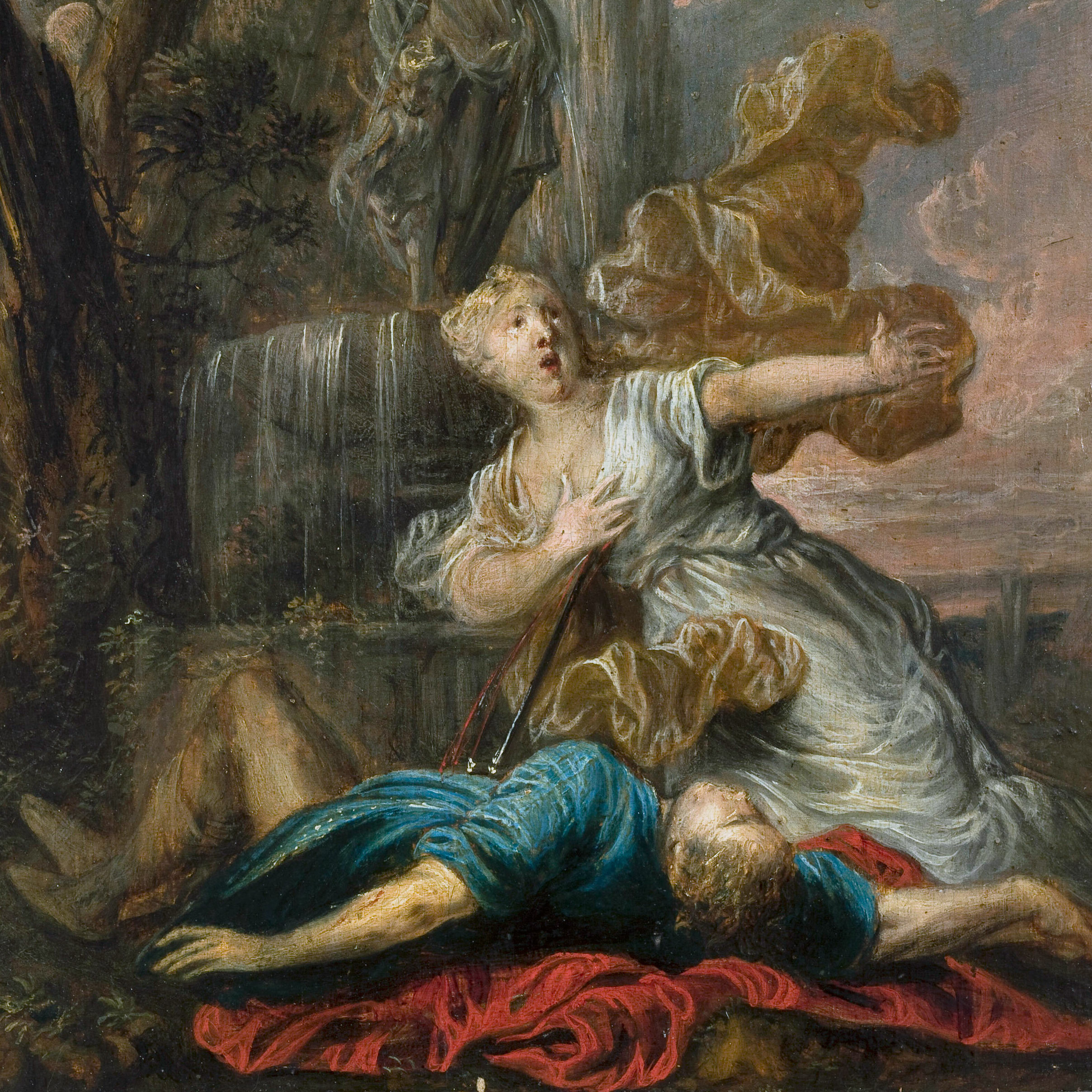Painting of a distressed woman kneeling over the prone body of a man. In the background is a marble fountain featuring a cupid sculpture.