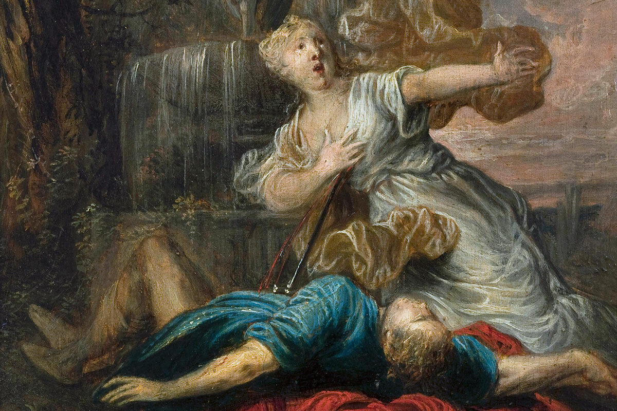 Painting of a distressed woman kneeling over the prone body of a man. In the background is a marble fountain featuring a cupid sculpture.